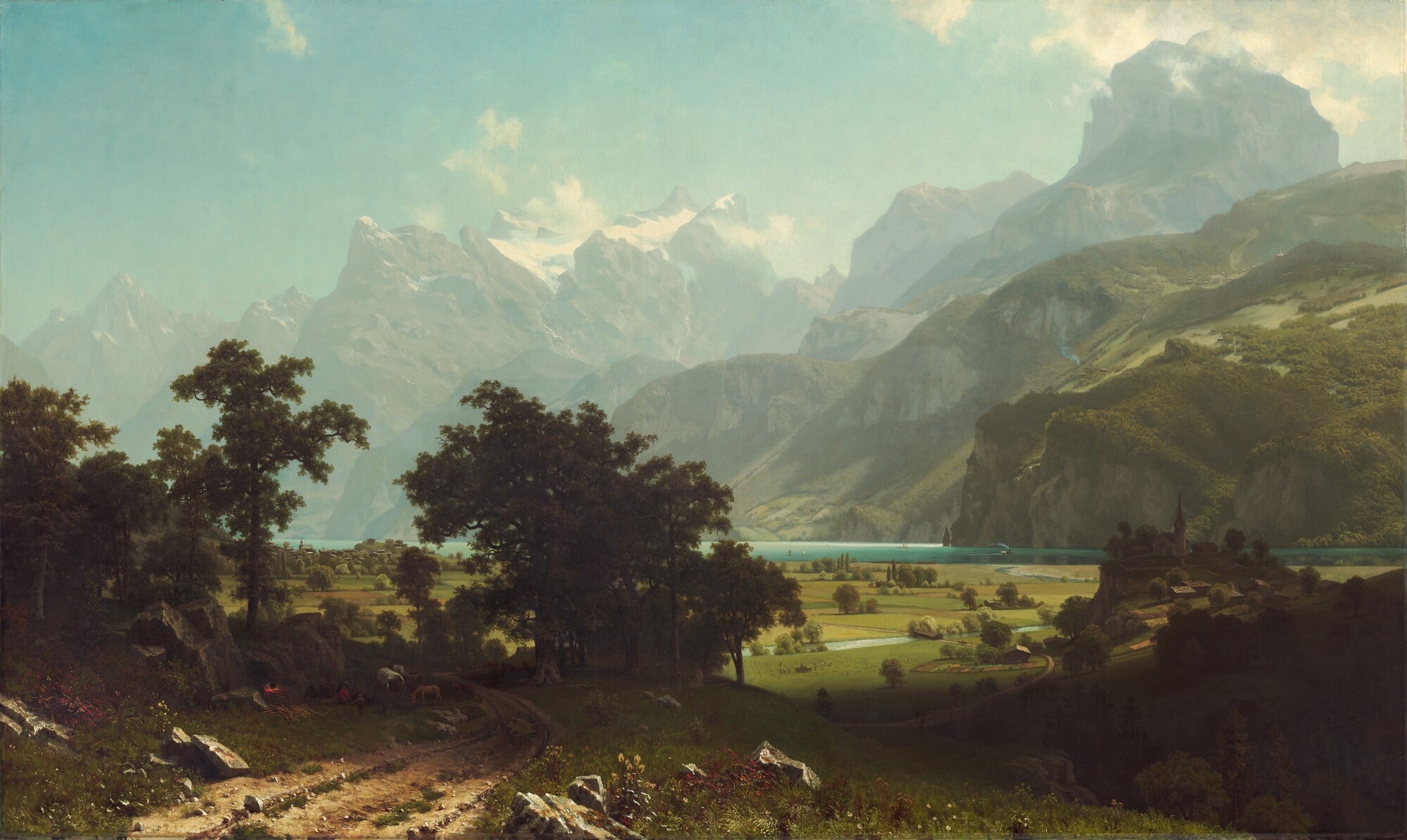 स्विट्ज़रलैंड की ल्यूसर्न झील का Albert Bierstadt द्वारा बनाया गया ऐतिहासिक चित्र, जिसमें झील के ऊपर आल्प्स पर्वत दिखाई देते हैं