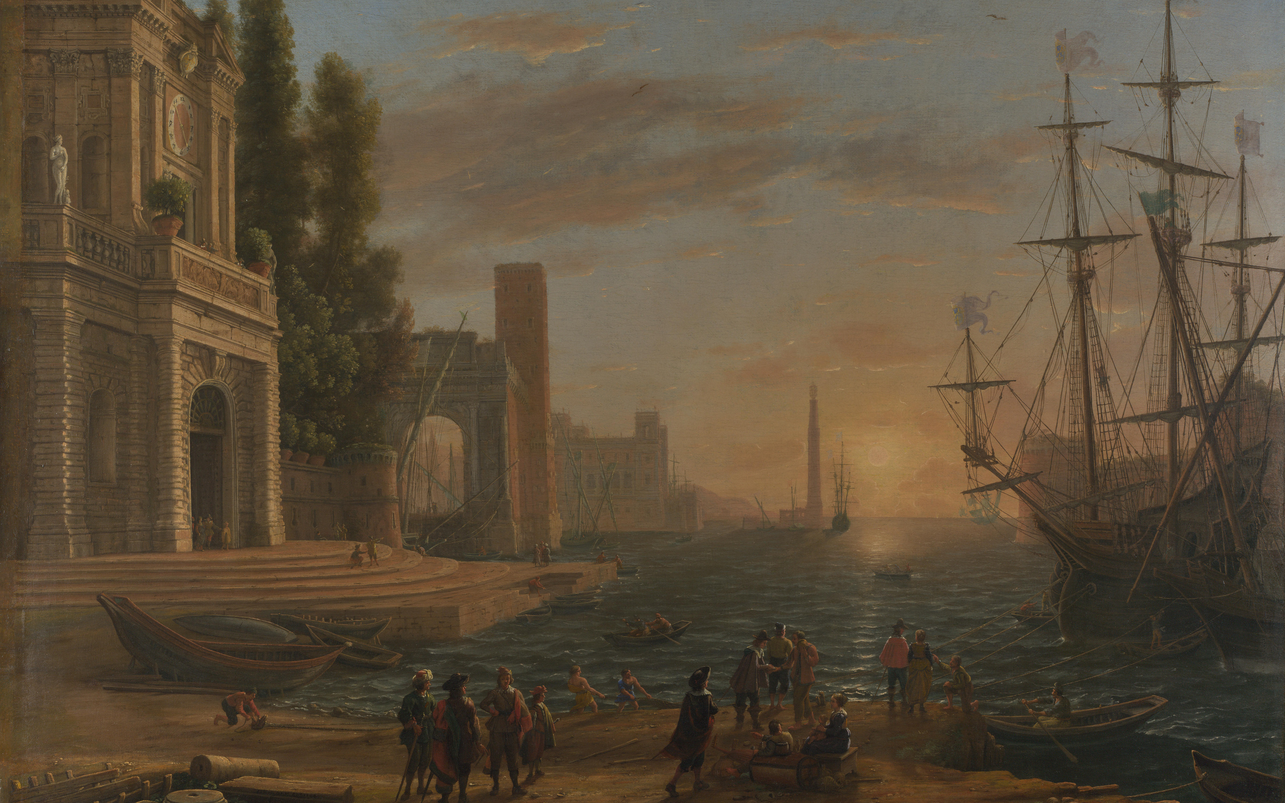 A historic European seaport painting by Claude Lorrain, with classical architecture, sailing ships and a sunlit harbour